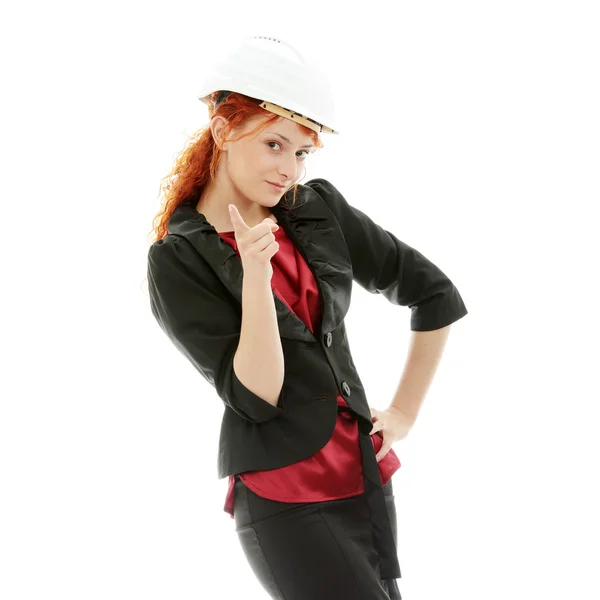 Portrait Confident Female Worker Helmet Isolated White Background — 스톡 사진