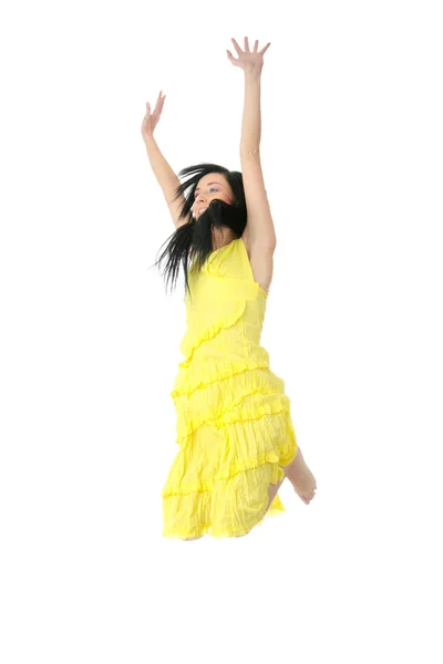 Νεαρή Γυναίκα Ευτυχισμένη Jumping Απομονωμένα Λευκό Φόντο — Φωτογραφία Αρχείου
