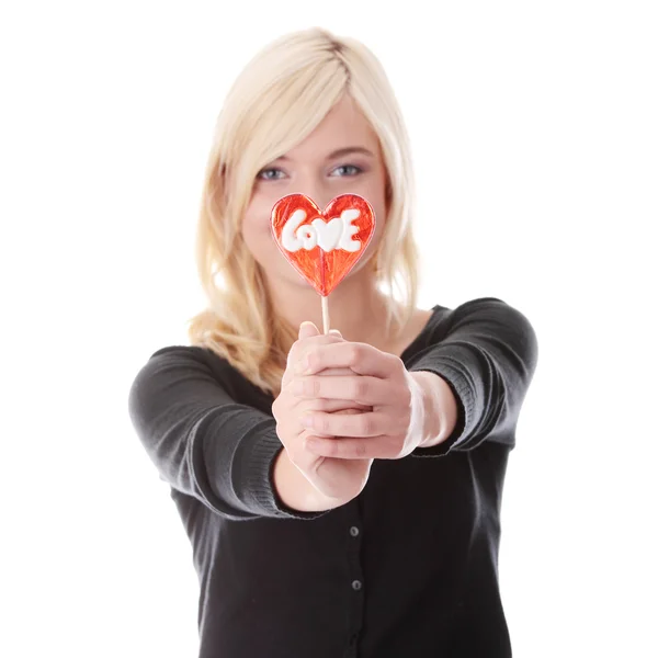 Tonårig Flicka Håller Röda Hjärtformade Lollipop Isolerade — Stockfoto