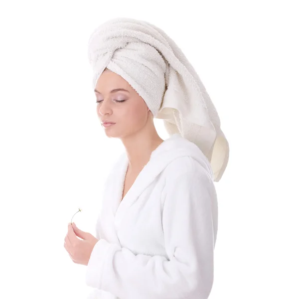 Retrato Jovem Mulher Bonita Vestindo Roupão Banho Isolado Branco — Fotografia de Stock