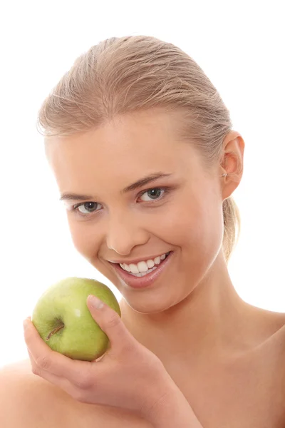 Beautiful Girl Eating Green Apple Isolated White Background — Stock Photo, Image