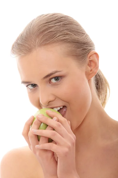 Vacker Flicka Äter Grönt Äpple Isolerad Vit Bakgrund — Stockfoto