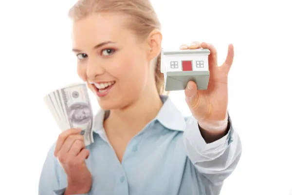 Portrait Beauty Woman Money Toy House Hands Isolated White — Stock Photo, Image