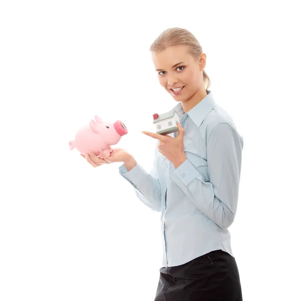 Kobieta Młody Biznes Domu Modelu Piggy Bank Ręce Białym Tle — Zdjęcie stockowe