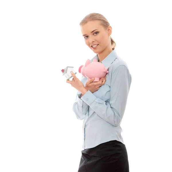 Young Beautiful Businesswoman House Model Piggy Bank Hands Isolated White — Stock Photo, Image