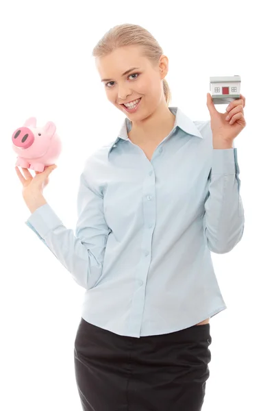 Young Beautiful Business Woman House Model Piggy Bank Hands Isolated — 스톡 사진