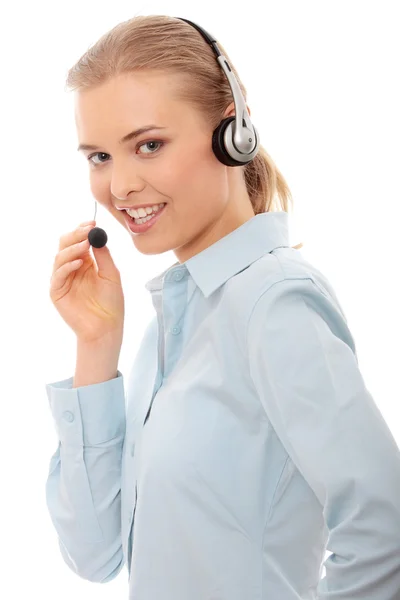 电话中心与耳机的女人 在白色背景上孤立 — 图库照片