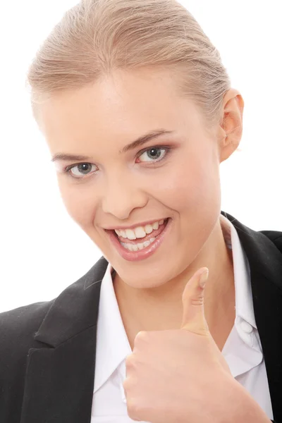 Kobieta Młody Biznes Wyświetlono Znak Patrząc Kamery Uśmiechnięty Białym Tle — Zdjęcie stockowe