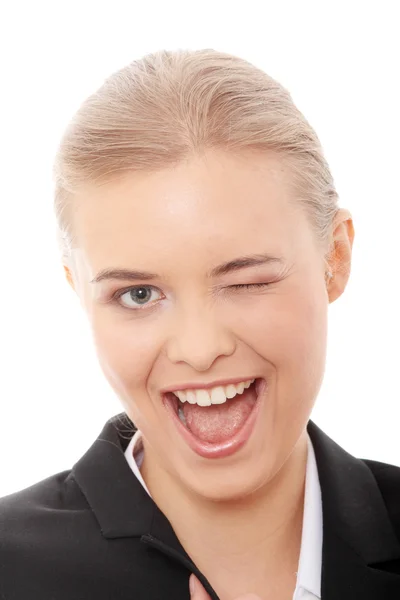Mujer Negocios Con Una Gran Sonrisa Parpadeando Aislado Sobre Fondo —  Fotos de Stock