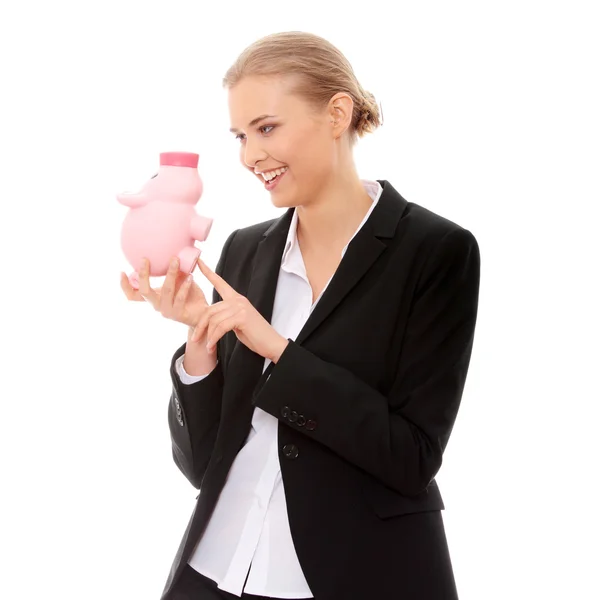 Geschäftsfrau Mit Sparschwein Isoliert Auf Weißem Hintergrund — Stockfoto