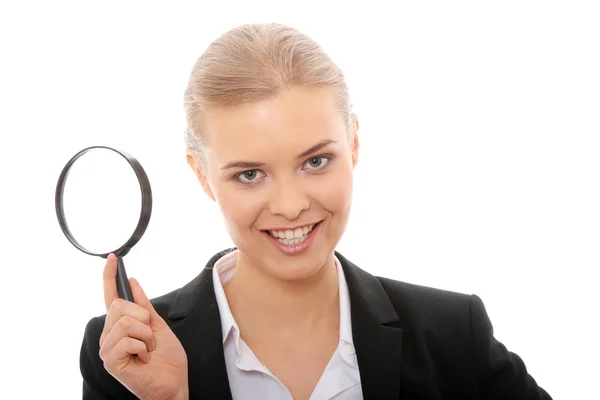 Young Attractive Smiling Businesswoman Looking Magnifying Glass Isolated White Background — Stock Photo, Image