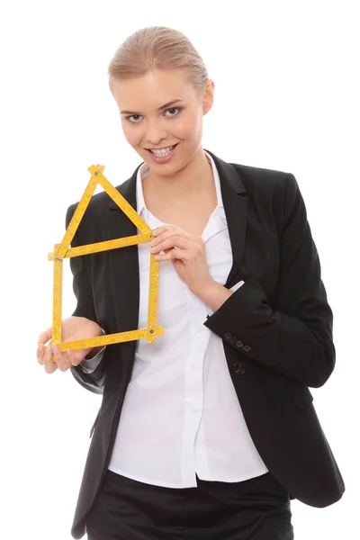 Mulher Negócios Bonita Com Modelo Casa Isolada Fundo Branco — Fotografia de Stock