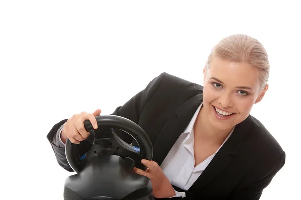 Young caucasian business woman playing on computer — Stock Photo, Image