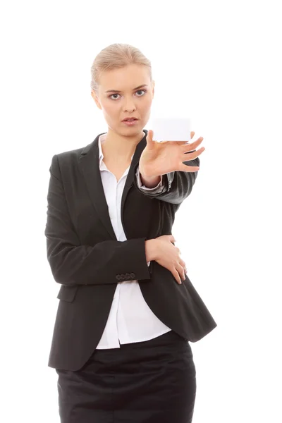 Beautiful businesswoman with business card — Stock Photo, Image