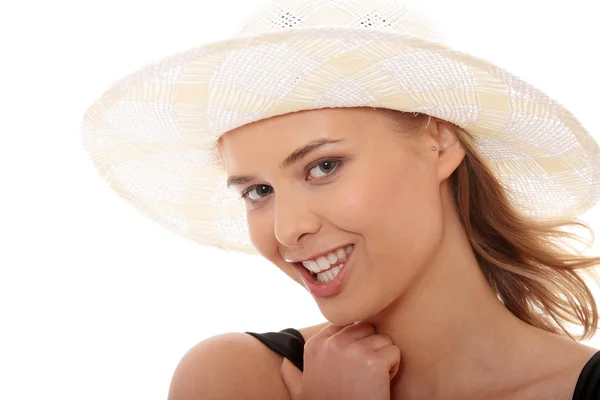 Piękna kobieta w kapelusz i strój kąpielowy — Zdjęcie stockowe