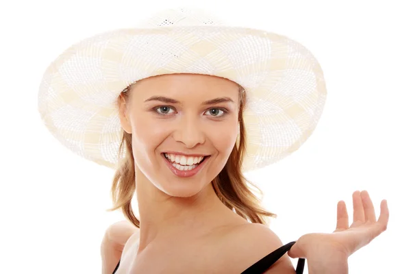 美丽的年轻白人女子泳装和孤立在白色背景上的帽子 — 图库照片