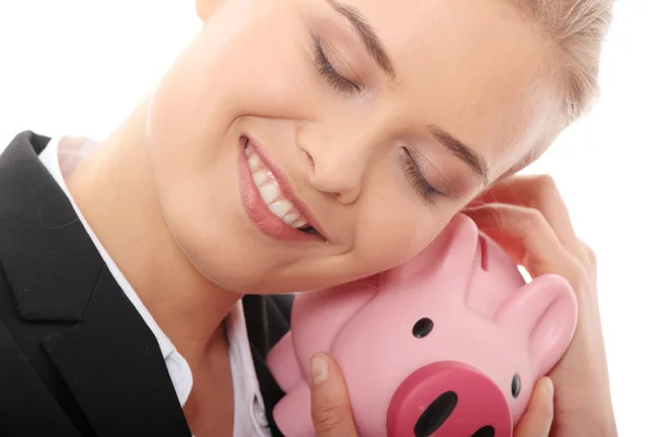 Geschäftsfrau Mit Sparschwein Isoliert Auf Weißem Hintergrund — Stockfoto
