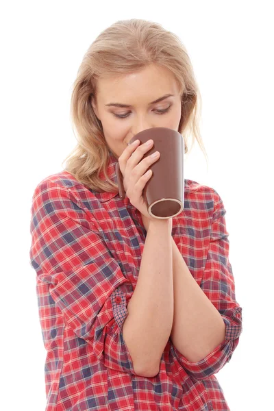 Piękna Młoda Kobieta Pije Poranną Kawę Lub Herbatę — Zdjęcie stockowe