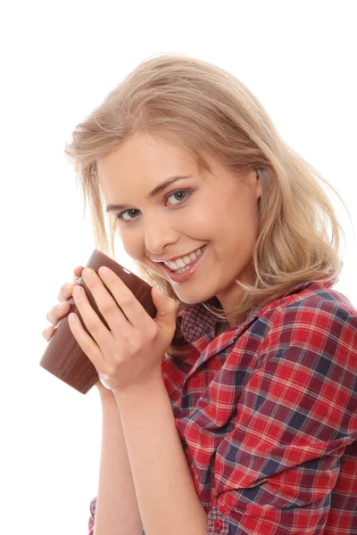 Piękna Młoda Kobieta Pije Poranną Kawę Lub Herbatę — Zdjęcie stockowe