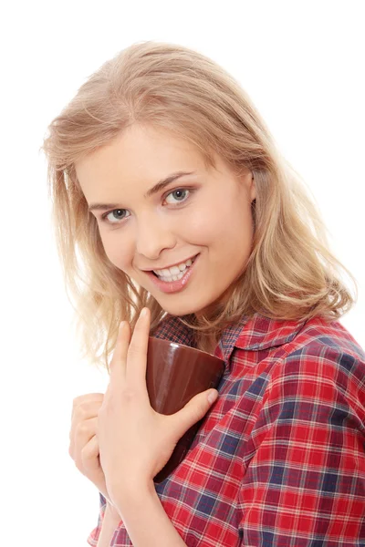 Den Vackra Unga Kvinnan Dricker Morgonkaffe Eller — Stockfoto