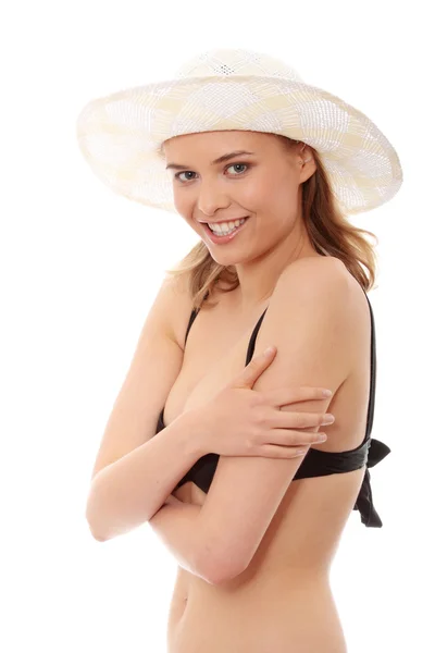 Hermosa Joven Mujer Caucásica Traje Baño Sombrero Aislado Sobre Fondo —  Fotos de Stock