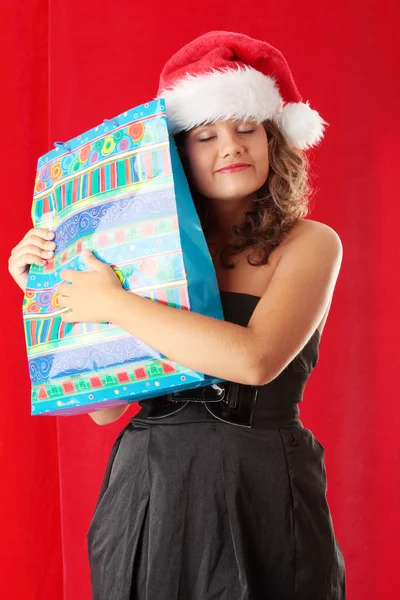 Porträt Der Schönen Jungen Frau Mit Weihnachtsmann Hut Mit Einkaufstasche — Stockfoto