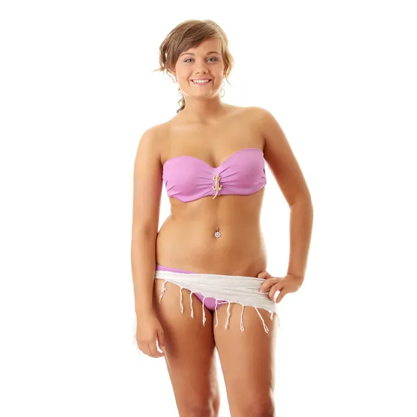 夏天女孩粉红色泳装 孤立的白色背景上 — 图库照片