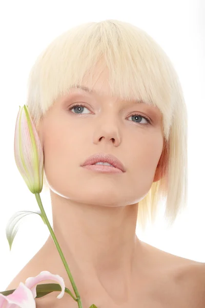 Portrét Přitažlivé Dívky Bez Make Lily Květina Ruce Izolované Bílém — Stock fotografie