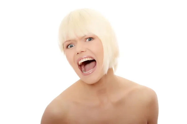 Portret Van Prachtige Blonde Vrouw Schreeuwen Geïsoleerd Wit — Stockfoto
