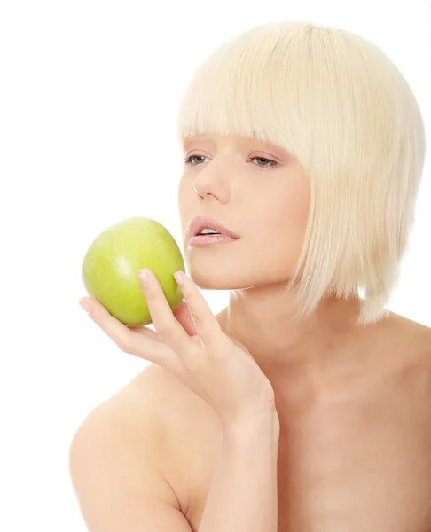 Krásná Blondýnka Zelené Jablko Izolované Bílém — Stock fotografie