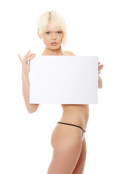 Menina Topless Beleza Segurando Placa Sinal Branco Sobre Branco — Fotografia de Stock