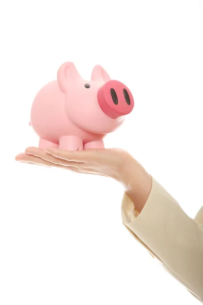 A woman hand holding a piggy bank — Stock Photo, Image