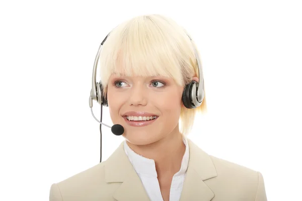 Wywołanie centrum kobieta z zestawu słuchawkowego — Zdjęcie stockowe