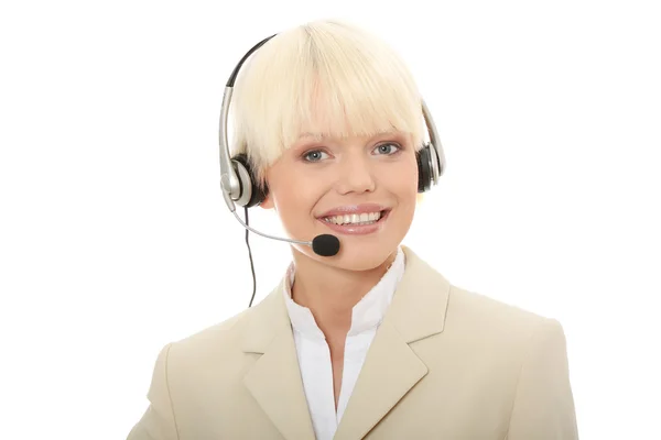 Κλήση Κέντρο Γυναίκα Ακουστικό Απομονώνονται Λευκό Φόντο — Φωτογραφία Αρχείου