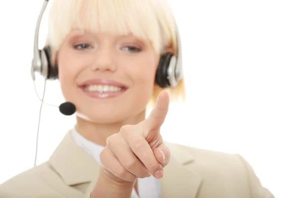 Call Center Woman Headset Pressing Abstract Button Isolated White Background — Stock Photo, Image