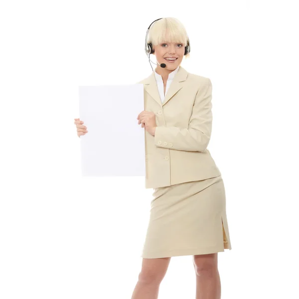 Γυναίκα Ακουστικό Κρατάει Κενό Πινακίδα Που Απομονώνονται Λευκό — Φωτογραφία Αρχείου