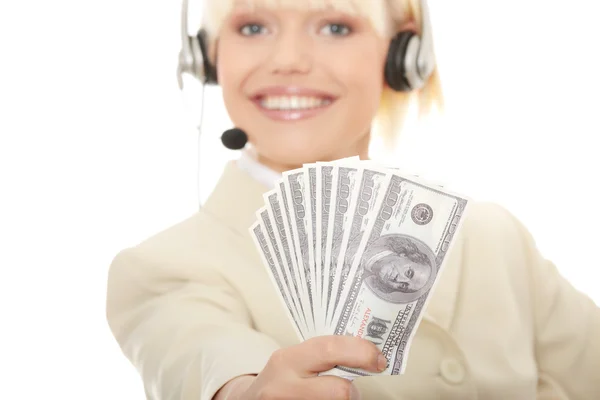 Affärskvinna Med Headsetet Håller Dollar Isolerad Vit Bakgrund — Stockfoto