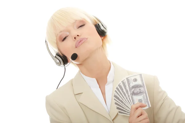 Businesswoman Headset Holding Dollars Isolated White Background — Stock Photo, Image