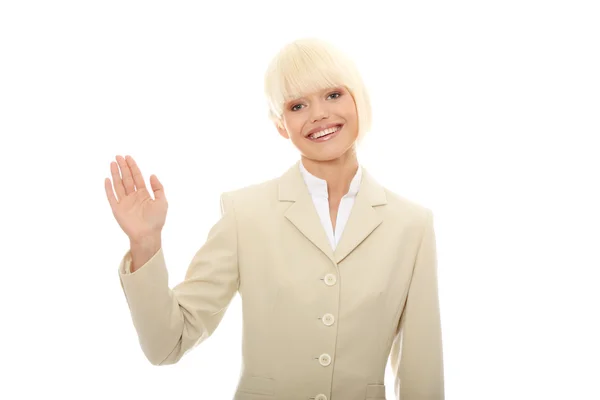 Junge Geschäftsfrau Mit Erhobener Hand Der Luft Isoliert Auf Weiß — Stockfoto