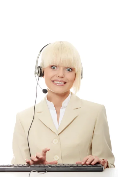 Κλήση Κέντρο Γυναίκα Ακουστικό Όμορφη Χαμογελαστό Καυκάσιος Γυναίκα Που Απομονώνονται — Φωτογραφία Αρχείου