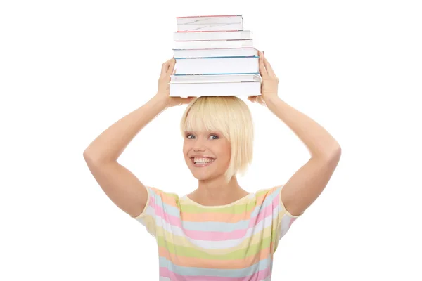 Giovane Donna Caucasica Studentessa Con Libri Testa Guardando Alto — Foto Stock
