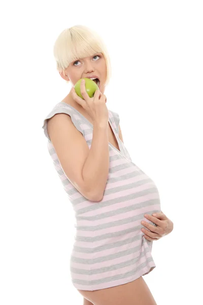 Unga Gravid Kvinna Med Grönt Äpple Isolerad Vit Bakgrund — Stockfoto