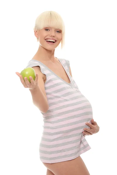 Молодая Беременная Женщина Зеленым Яблоком Изолированные Белом Фоне — стоковое фото