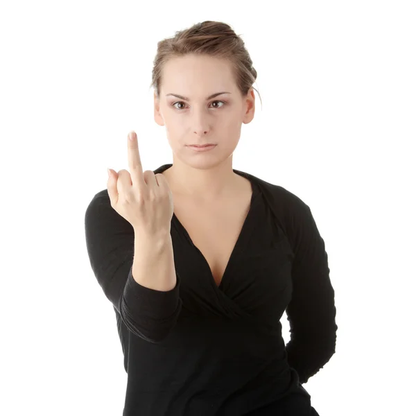 Розлючена Дівчина Показує Середній Палець Ізольована Білому — стокове фото