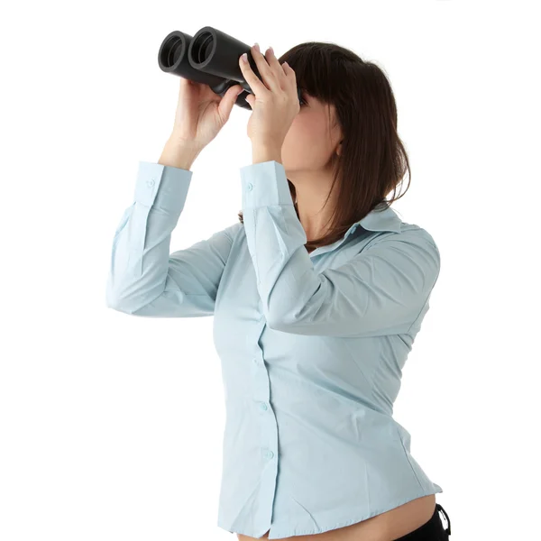 Young Caucasian Business Woman Looking Throught Binocular Isolated White Background — Stock Photo, Image
