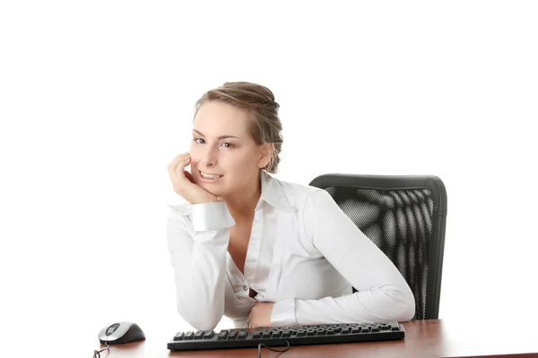 Young Caucasian Office Worker Woman Desk Isolated White Background — Stock Photo, Image