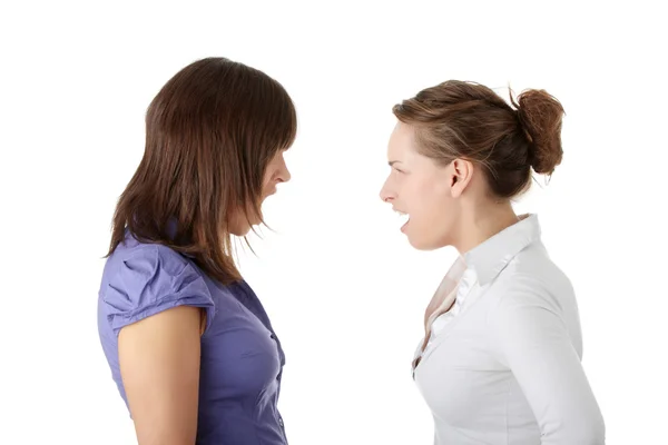 Duas Jovens Mulheres Discutindo Isoladas Fundo Branco — Fotografia de Stock