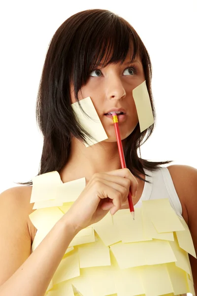 Woman with yellow sticky notes — Stock Photo, Image