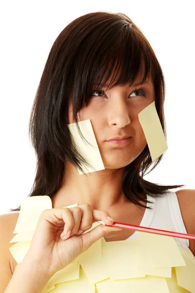 Young Caucasian Busines Woman Yellow Sticky Note Her Body — Stock Photo, Image