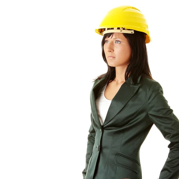 Fiatal Női Építész Vagy Builder Egy Építkezésen Sárga Hart Kalapban — Stock Fotó